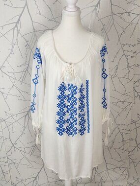 Cute Options White Blue Cross Stitch Embroidered Sheer Peasant Tunic